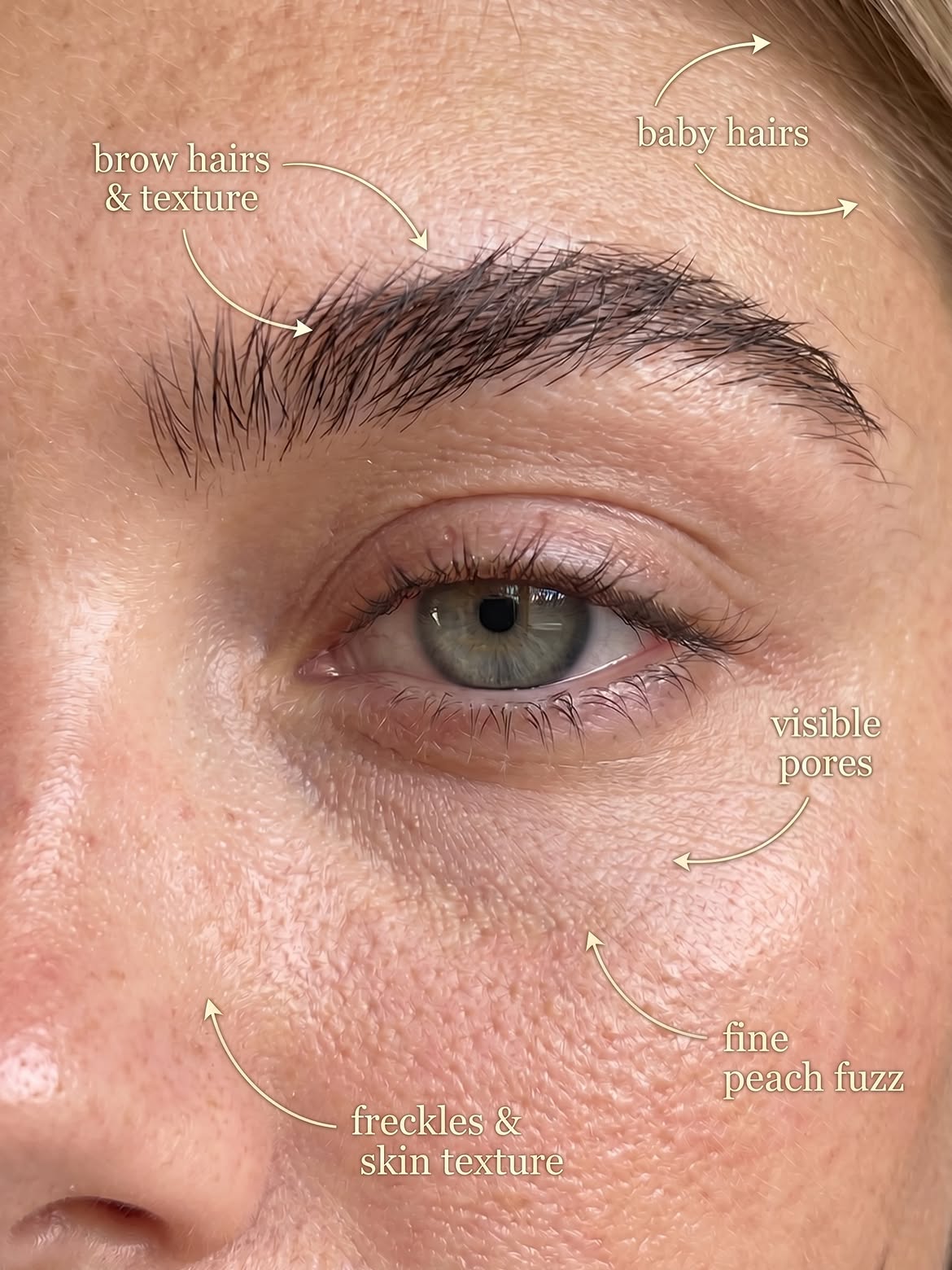Brow hair detail, baby hairs, peach fuzz