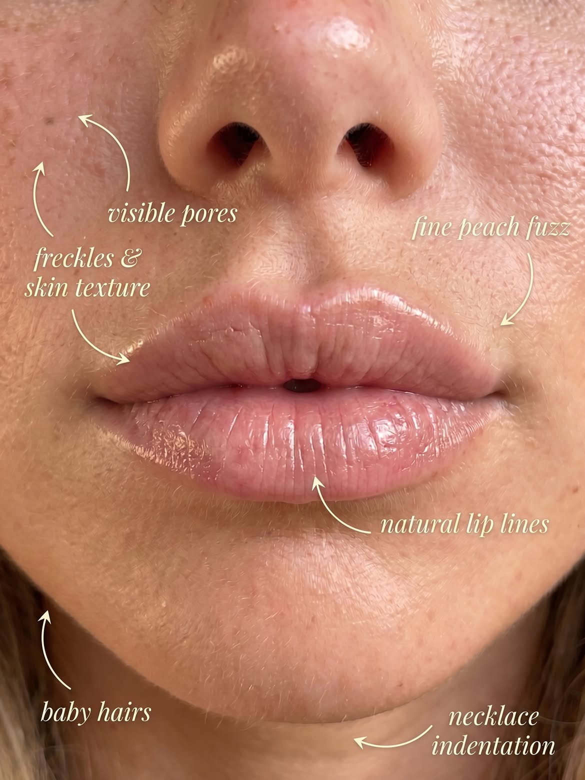 Visible pores and natural lip texture