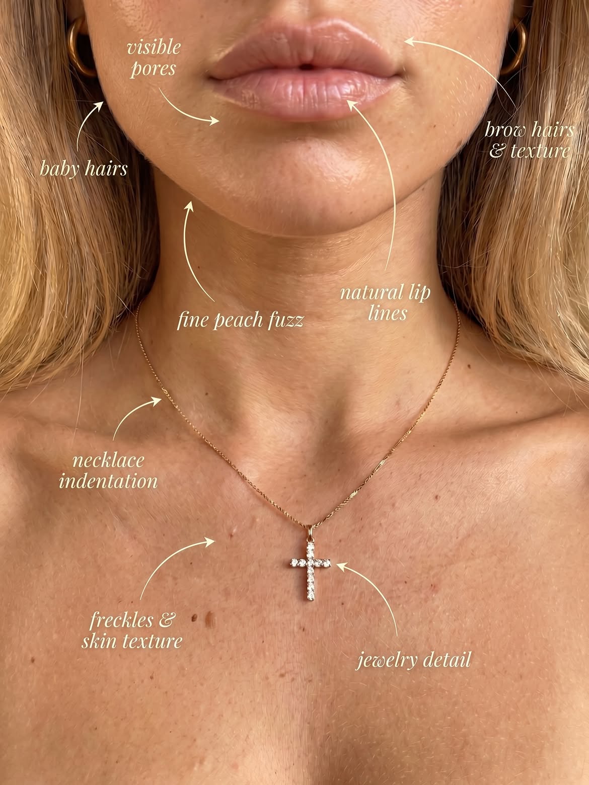 Natural lip lines, peach fuzz, necklace indentation