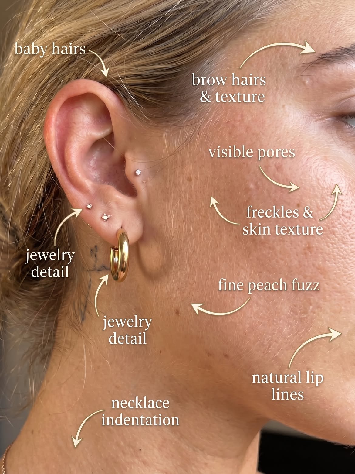 Skin realism: baby hairs, brow texture, pores, freckles